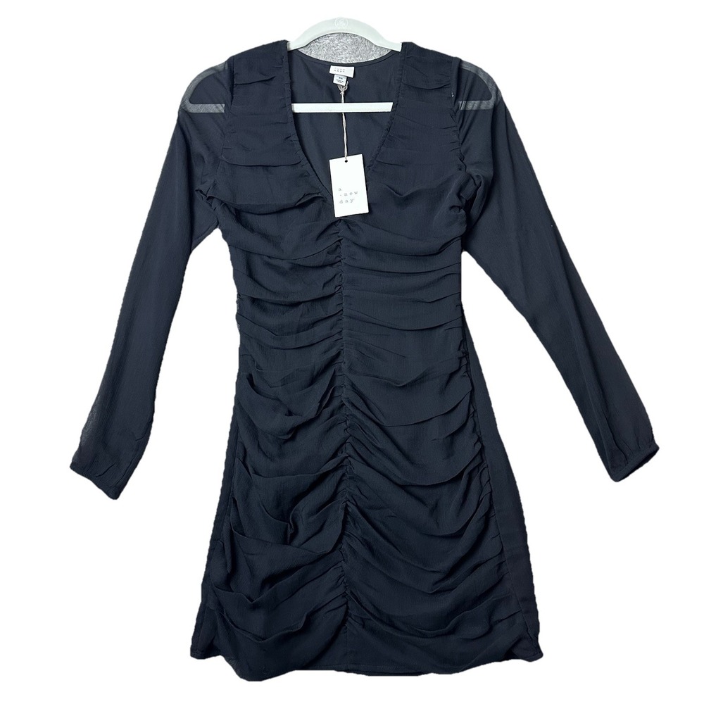 Ruched Long Sleeve Mini Dress Women's XS Black Bodycon Party‎ Cocktail Evening